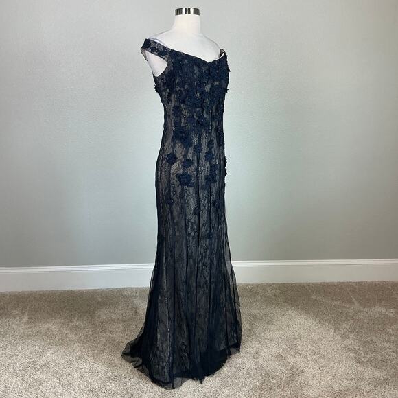 AQUA Off the Shoulder Sequined Floral Lace A-Line Evening Gown Blue Size 8 Dress - Picture 2 of 12